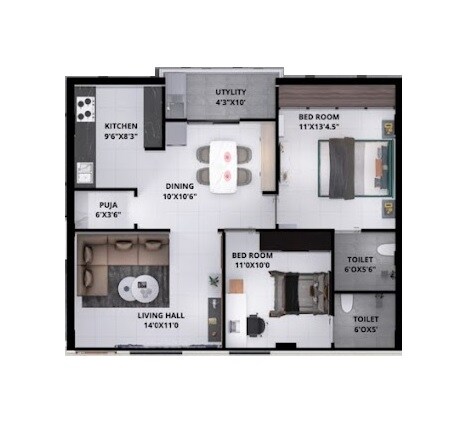 Floor plan of 2 BHK 1080 Sq. Ft. Apartment in Shilpi Isha Residency, Hyderabad