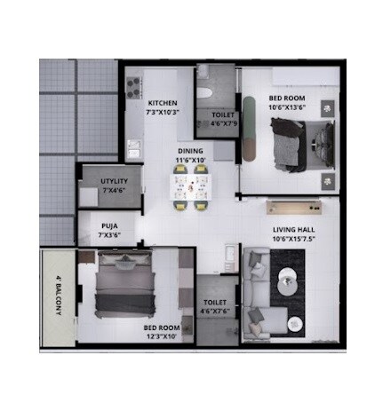 Floor plan of 2 BHK 1108 Sq. Ft. Apartment in Shilpi Isha Residency, Hyderabad