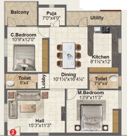 Floor plan of 2 BHK 1025 Sq. Ft. Apartment in Shiv MAR Residency, Hyderabad