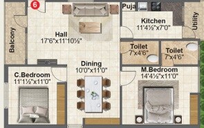 Floor plan of 2 BHK 1400 Sq. Ft. Apartment in Shiv MAR Residency, Hyderabad