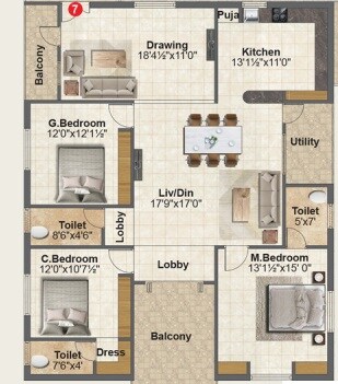 Floor plan of 3 BHK 1430 Sq. Ft. Apartment in Shiv MAR Residency, Hyderabad