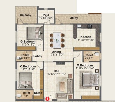 Floor plan of 3 BHK 2185 Sq. Ft. Apartment in Shiv MAR Residency, Hyderabad
