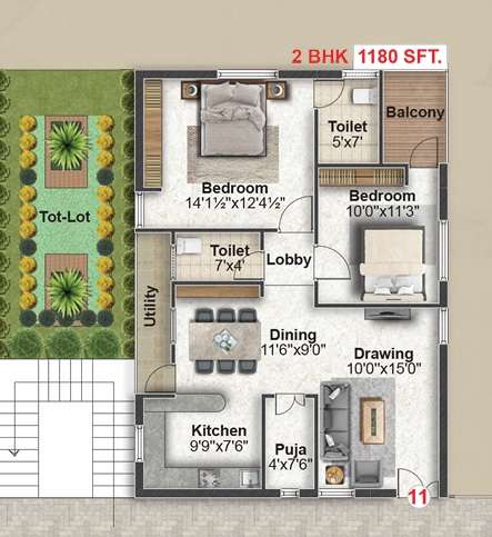 2 BHK 1180 Sq. Ft. Apartment in Shiva Krishna Bai Residency