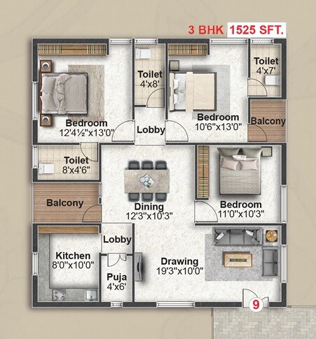3 BHK 1525 Sq. Ft. Apartment