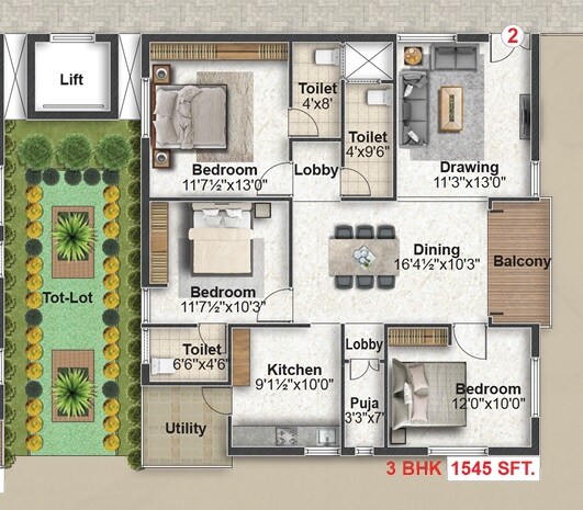 3 BHK 1545 Sq. Ft. Apartment