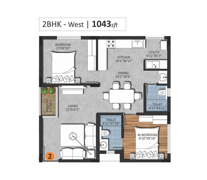 Floor plan of 2 BHK 1043 Sq. Ft. Apartment in Shiva LA Greens, Hyderabad