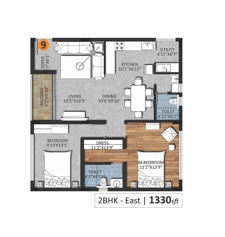 Floor plan of 2 BHK 1330 Sq. Ft. Apartment in Shiva LA Greens, Hyderabad