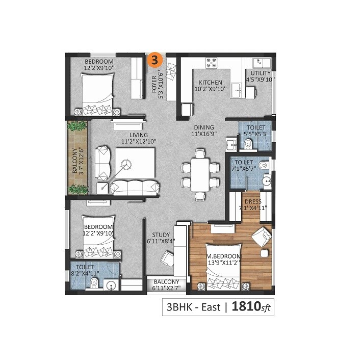 Floor plan of 3 BHK 1810 Sq. Ft. Apartment in Shiva LA Greens, Hyderabad