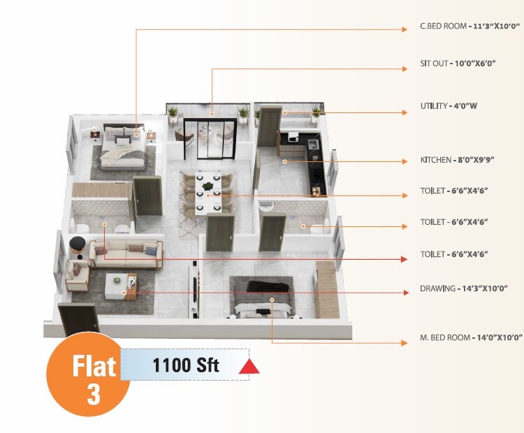 Floor plan of 2 BHK 1100 Sq. Ft. Apartment in Shiva Lavista, Hyderabad