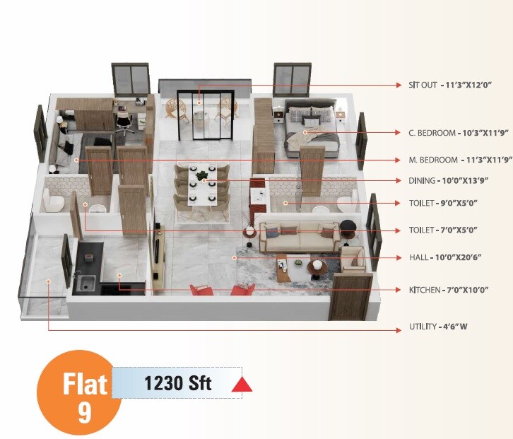 Floor plan of 2 BHK 1230 Sq. Ft. Apartment in Shiva Lavista, Hyderabad