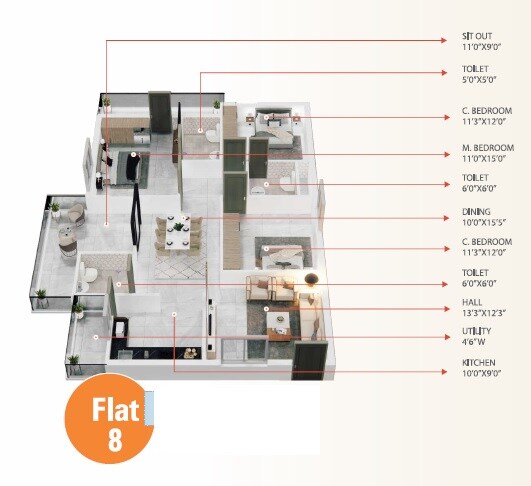 Floor plan of 3 BHK 1325 Sq. Ft. Apartment in Shiva Lavista, Hyderabad