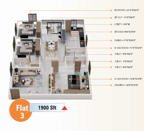 Floor plan of 3 BHK 1900 Sq. Ft. Apartment in Shiva Lavista, Hyderabad