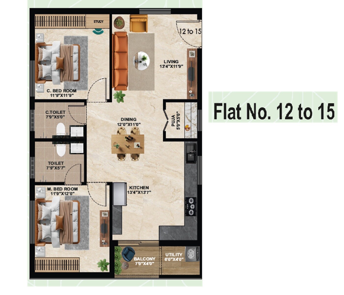 2 BHK 1250 Sq. Ft. Apartment