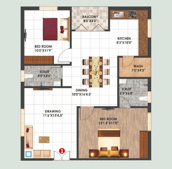 Floor plan of 2 BHK 1240 Sq. Ft. Apartment in Shree Alkapuri Heights, Hyderabad