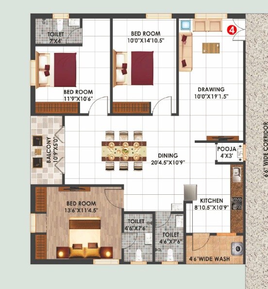 Floor plan of 3 BHK 1535 Sq. Ft. Apartment in Shree Alkapuri Heights, Hyderabad