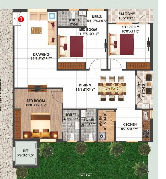 Floor plan of 3 BHK 1715 Sq. Ft. Apartment in Shree Alkapuri Heights, Hyderabad