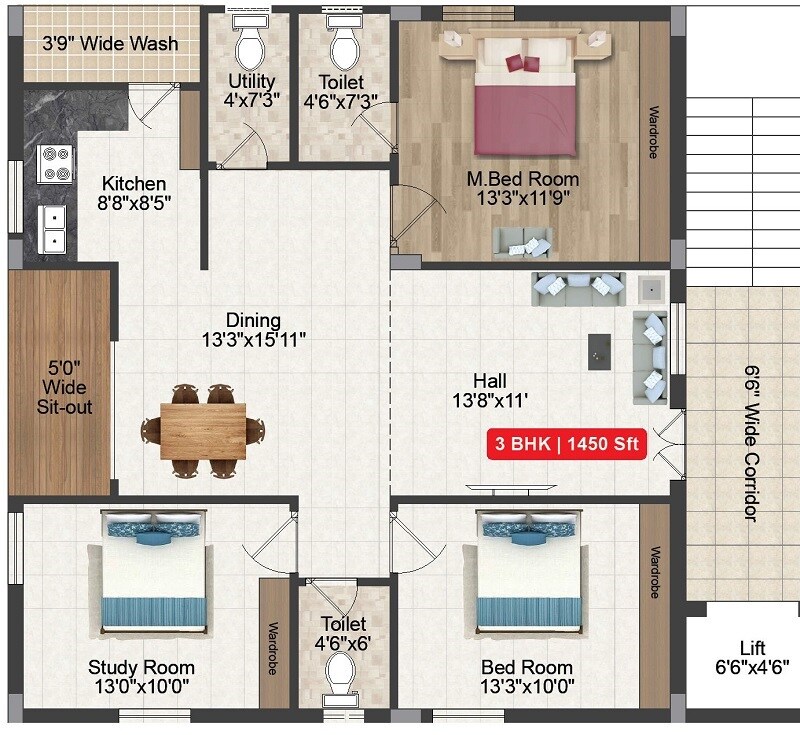Floor plan of 3 BHK 1450 Sq. Ft. Apartment in Shree Homes Parimala, Hyderabad
