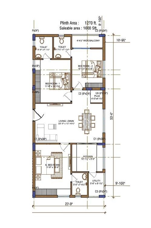 Floor plan of 3 BHK 1600 Sq. Ft. Apartment in Shree Hruti Residency, Hyderabad