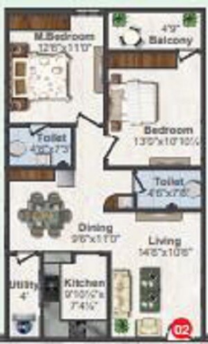 Floor plan of 2 BHK 1100 Sq. Ft. Apartment in Shree Krishna Homes Hyderabad, Hyderabad