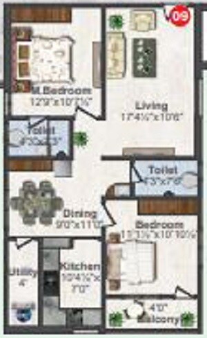Floor plan of 2 BHK 1240 Sq. Ft. Apartment in Shree Krishna Homes Hyderabad, Hyderabad
