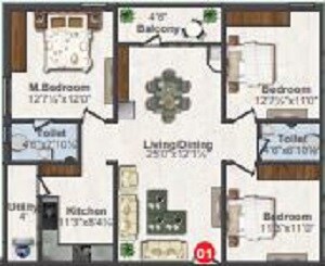 Floor plan of 2 BHK 1321 Sq. Ft. Apartment in Shree Krishna Homes Hyderabad, Hyderabad