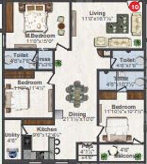 Floor plan of 3 BHK 1670 Sq. Ft. Apartment in Shree Krishna Homes Hyderabad, Hyderabad