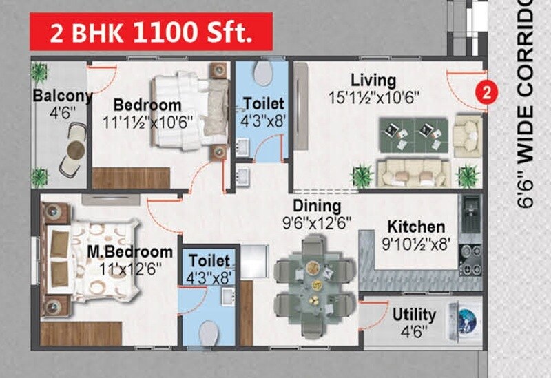 Floor plan of 2 BHK 1100 Sq. Ft. Apartment in Shree Krishna Onyx, Hyderabad