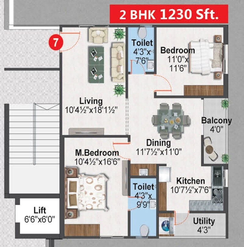 Floor plan of 2 BHK 1230 Sq. Ft. Apartment in Shree Krishna Onyx, Hyderabad