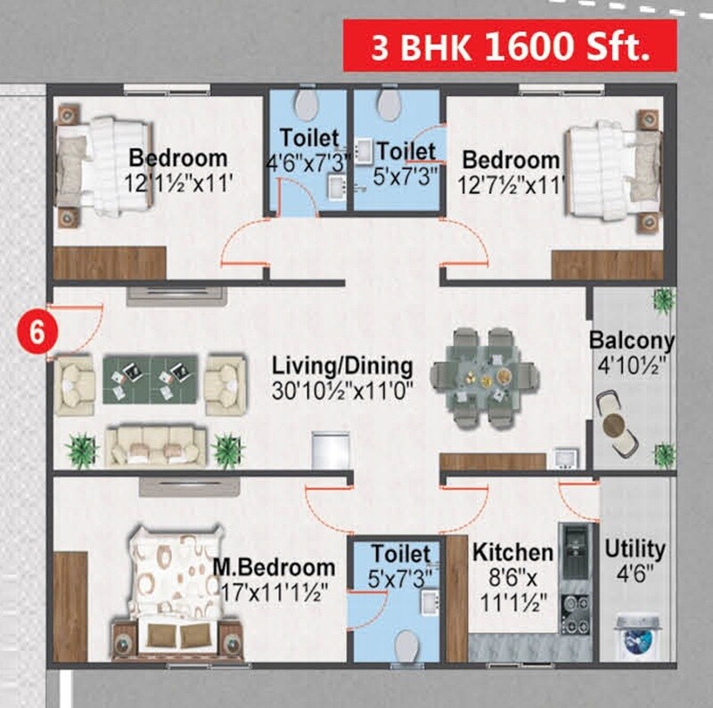Floor plan of 3 BHK 1600 Sq. Ft. Apartment in Shree Krishna Onyx, Hyderabad
