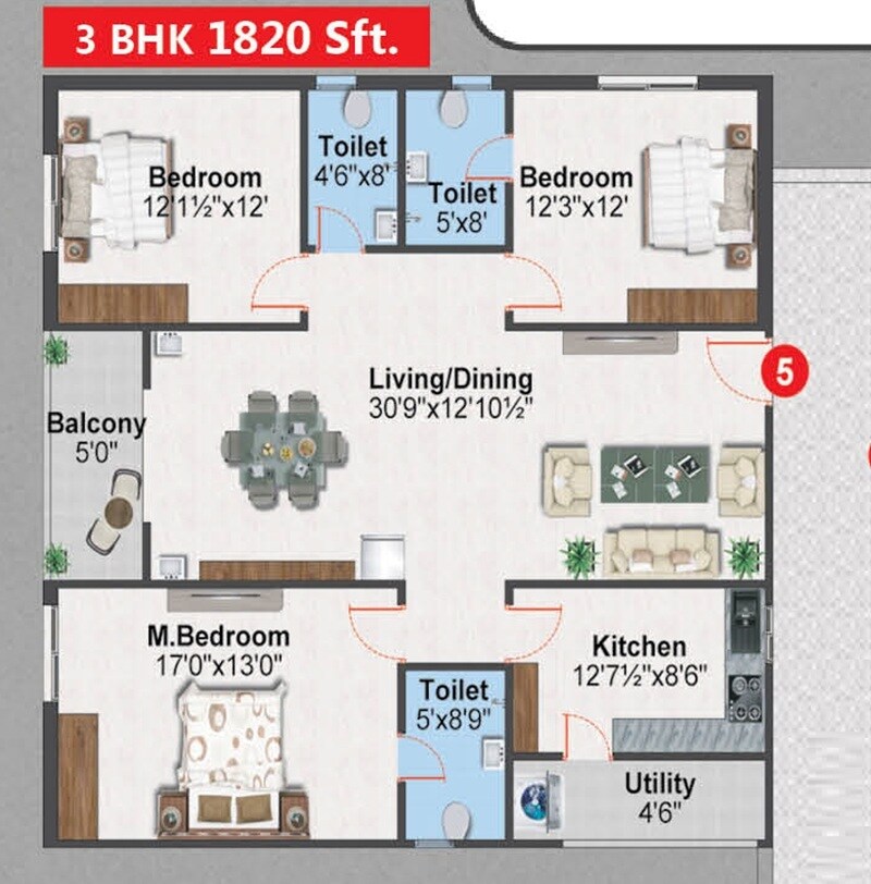 Floor plan of 3 BHK 1820 Sq. Ft. Apartment in Shree Krishna Onyx, Hyderabad