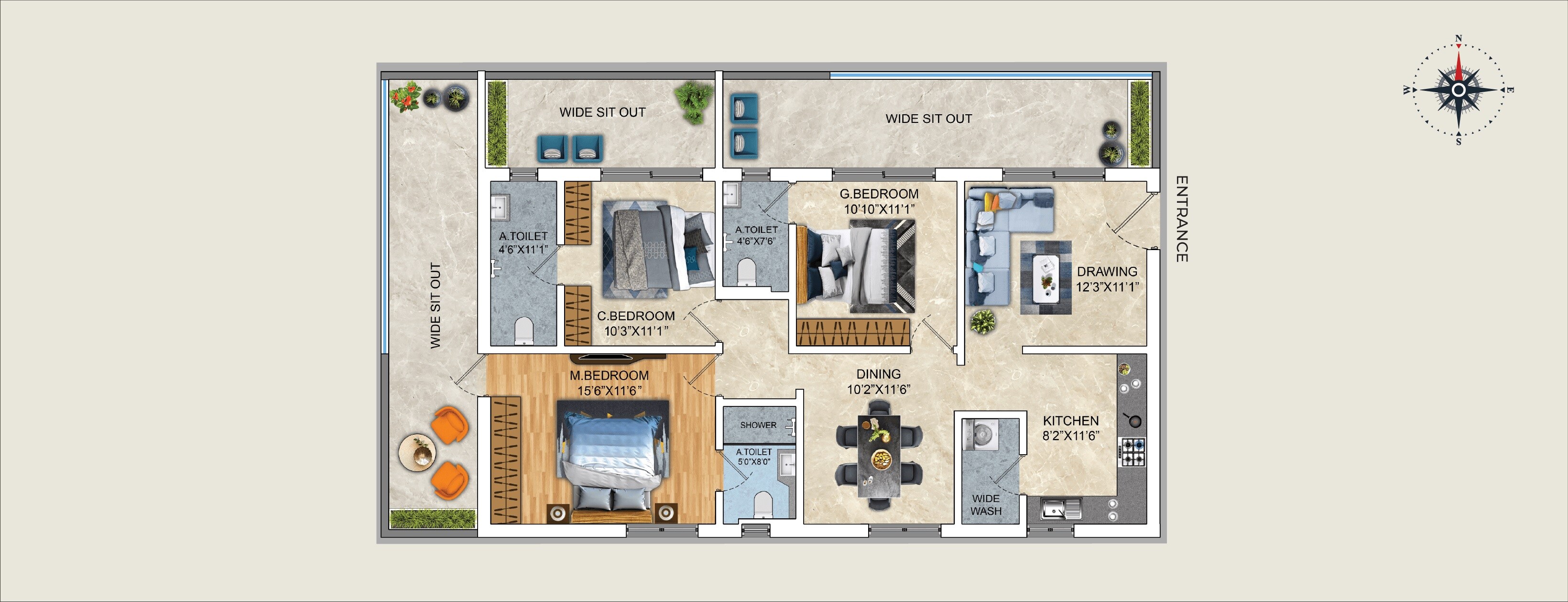 Floor plan of 3 BHK 2040 Sq. Ft. Apartment in Shree Luxurio 75 Residences, Hyderabad