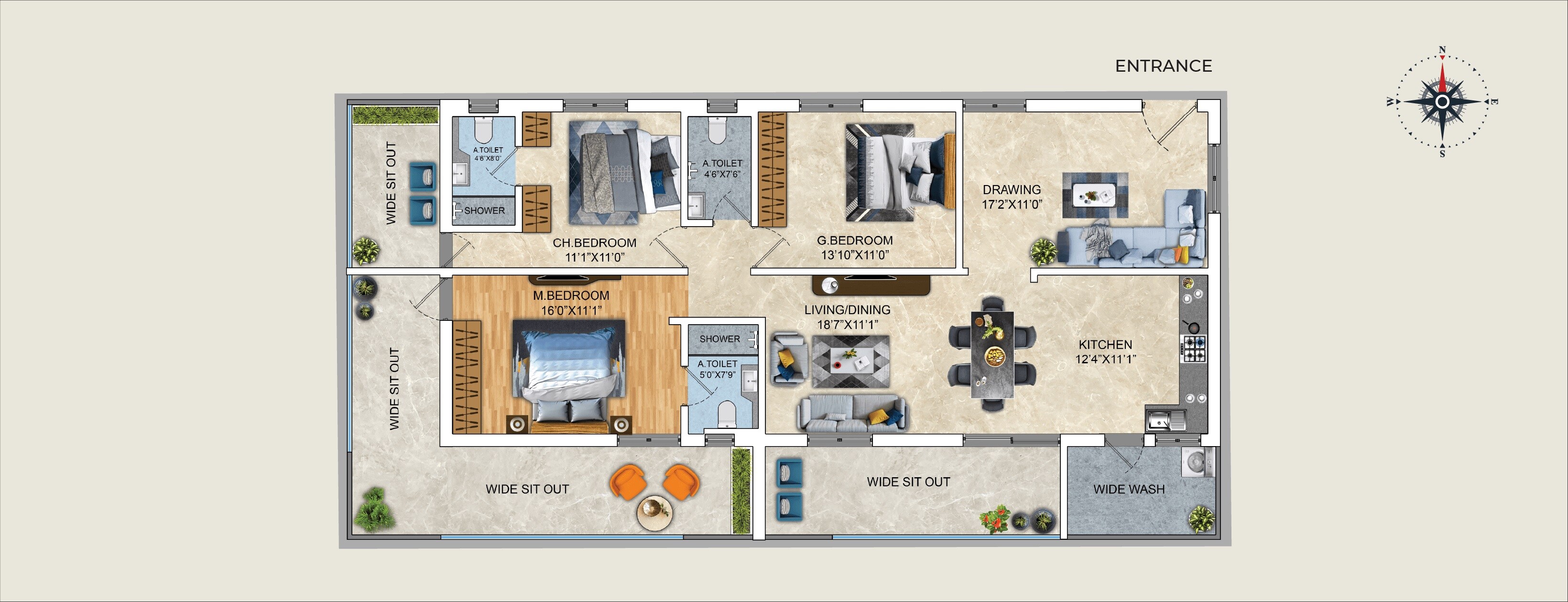 Floor plan of 3 BHK 2350 Sq. Ft. Apartment in Shree Luxurio 75 Residences, Hyderabad