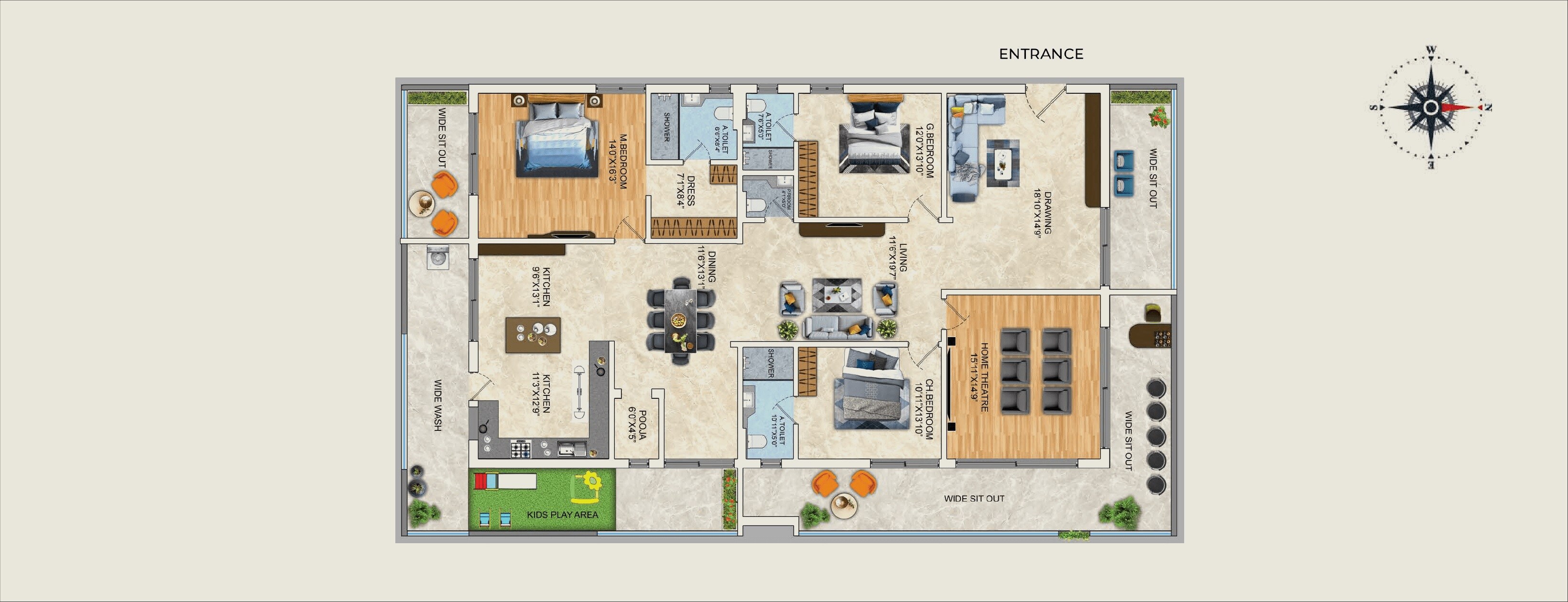 Floor plan of 3 BHK 4070 Sq. Ft. Apartment in Shree Luxurio 75 Residences, Hyderabad