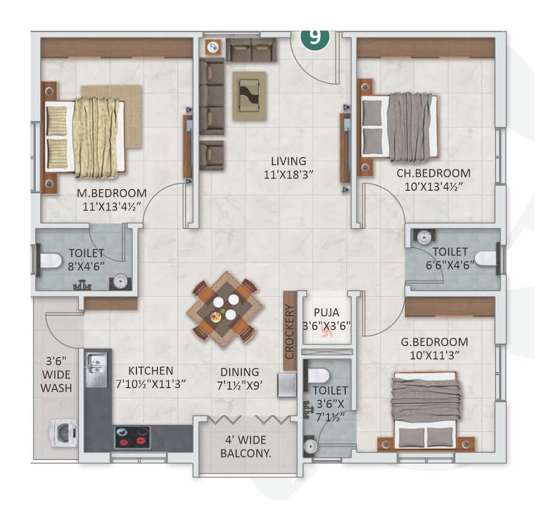 Floor plan of 3 BHK 1400 Sq. Ft. Apartment in Shreeven Silver Nests, Hyderabad