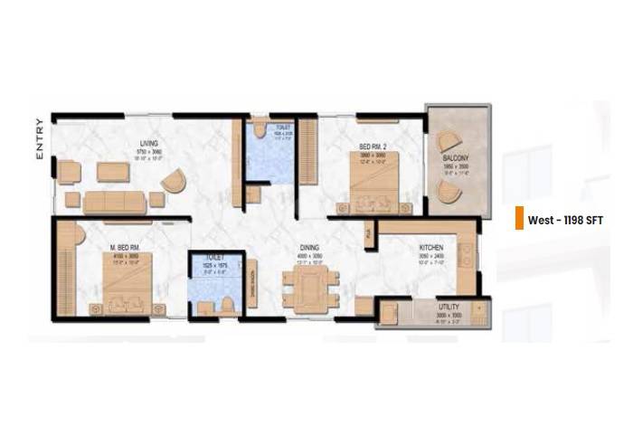 Floor plan of 2 BHK 1198 Sq. Ft. Apartment in Shri Param Heights, Hyderabad