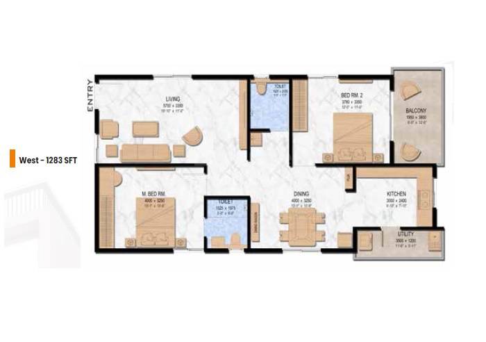 Floor plan of 2 BHK 1283 Sq. Ft. Apartment in Shri Param Heights, Hyderabad