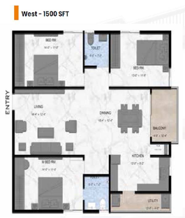 Floor plan of 3 BHK 1500 Sq. Ft. Apartment in Shri Param Heights, Hyderabad