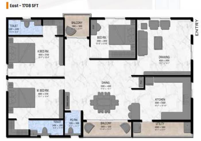Floor plan of 3 BHK 1708 Sq. Ft. Apartment in Shri Param Heights, Hyderabad