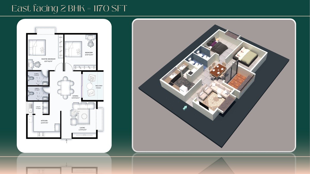 Floor plan of 2 BHK 1170 Sq. Ft. Apartment in Shriven Serene, Hyderabad