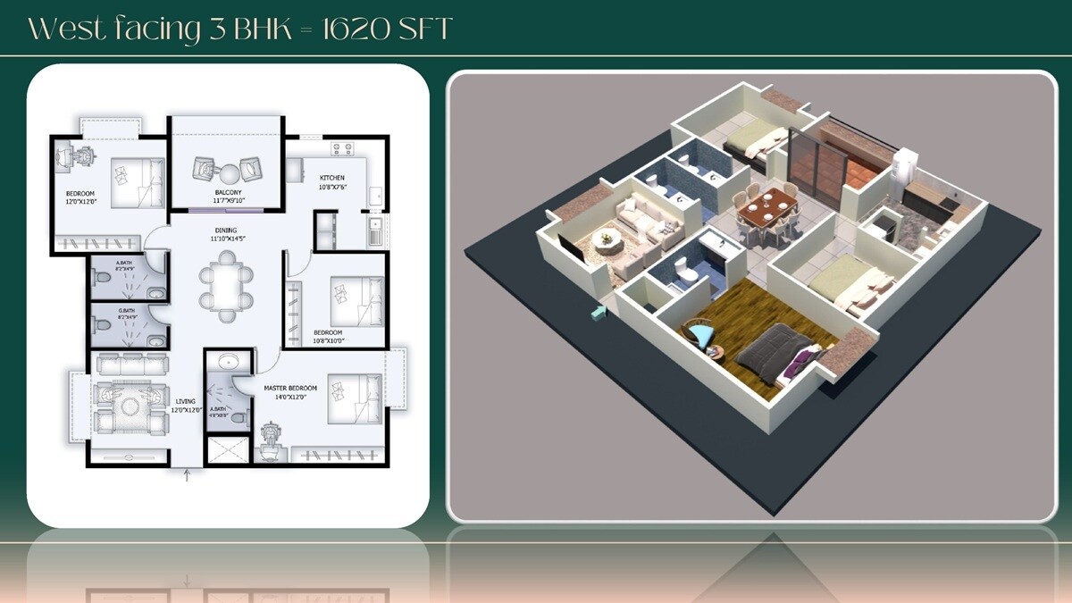 Floor plan of 3 BHK 1620 Sq. Ft. Apartment in Shriven Serene, Hyderabad