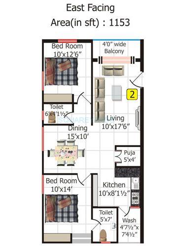 Floor plan of 2 BHK 1153 Sq. Ft. Apartment in Shriya Sk Wonders, Hyderabad