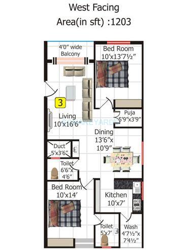 Floor plan of 2 BHK 1203 Sq. Ft. Apartment in Shriya Sk Wonders, Hyderabad