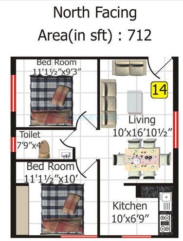 Floor plan of 2 BHK 712 Sq. Ft. Apartment in Shriya Sk Wonders, Hyderabad