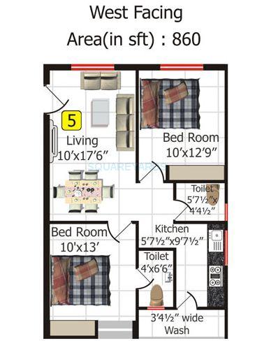 Floor plan of 2 BHK 860 Sq. Ft. Apartment in Shriya Sk Wonders, Hyderabad