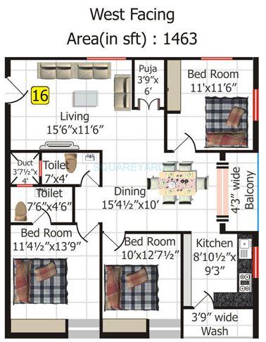 Floor plan of 3 BHK 1463 Sq. Ft. Apartment in Shriya Sk Wonders, Hyderabad