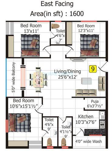 Floor plan of 3 BHK 1600 Sq. Ft. Apartment in Shriya Sk Wonders, Hyderabad