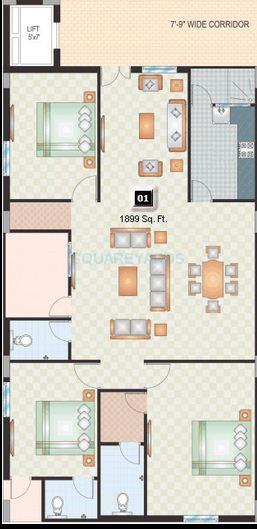 Floor plan of 3 BHK 1899 Sq. Ft. Apartment in Shriya Sl Square, Hyderabad
