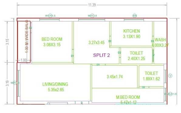 Floor plan of 2 BHK 1150 Sq. Ft. Apartment in Shuraya Manor, Hyderabad