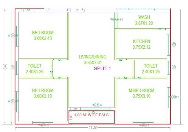 Floor plan of 3 BHK 1600 Sq. Ft. Apartment in Shuraya Manor, Hyderabad