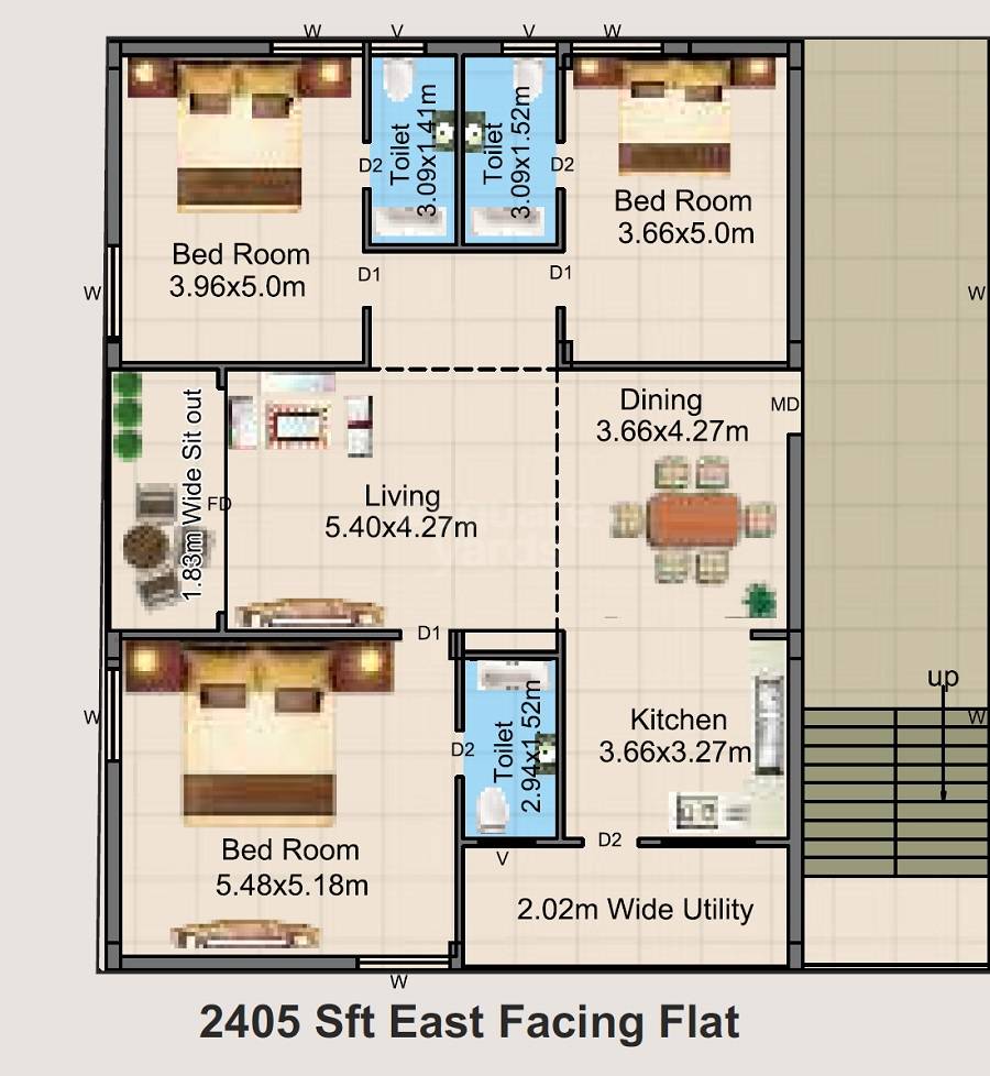 Floor plan of 3 BHK 2405 Sq. Ft. Apartment in Shwasa Residency, Hyderabad